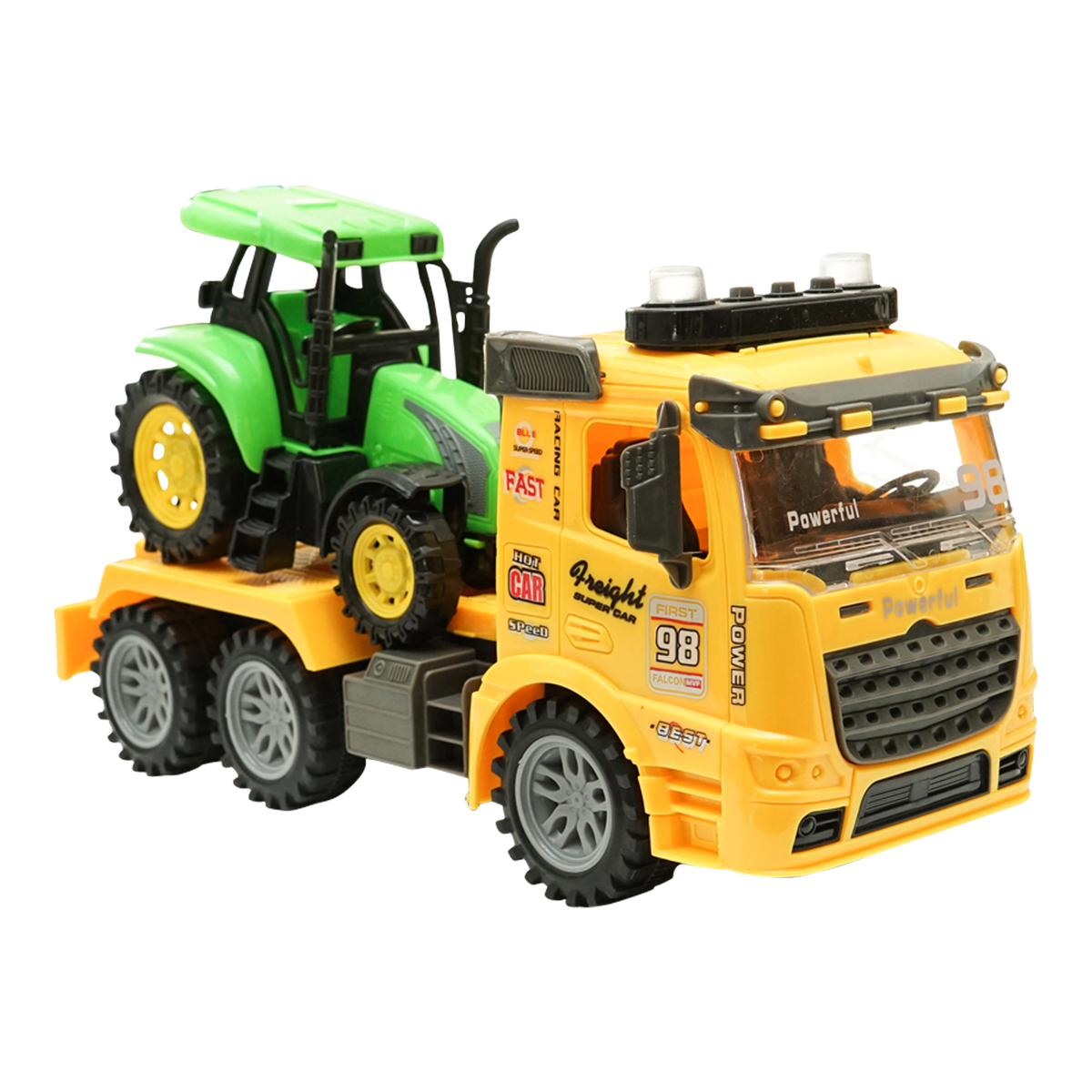 Camion galben cu detalii autentice de tip trailer pe baterii impreuna cu tractor verde de jucarie - imagine 2