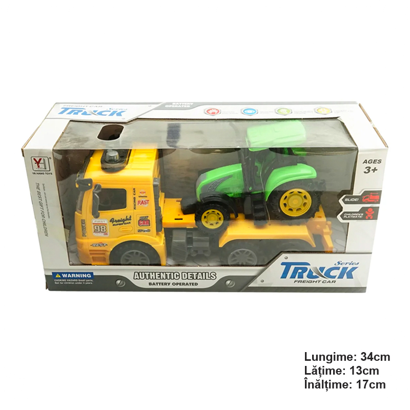 Camion galben cu detalii autentice de tip trailer pe baterii impreuna cu tractor verde de jucarie