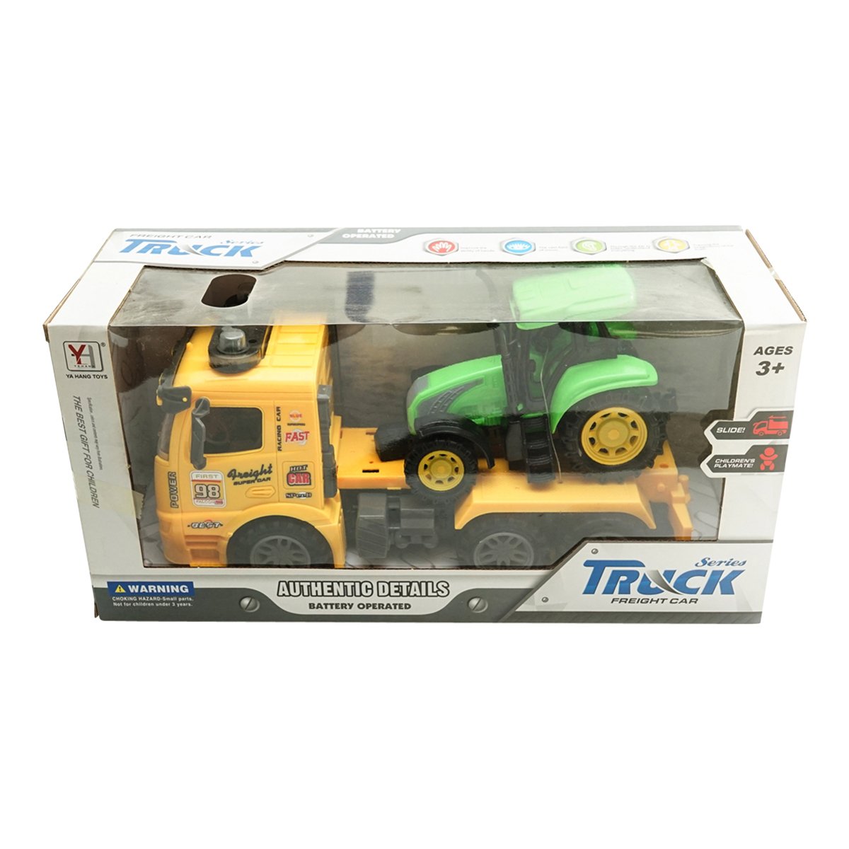 Camion galben cu detalii autentice de tip trailer pe baterii impreuna cu tractor verde de jucarie - imagine 5