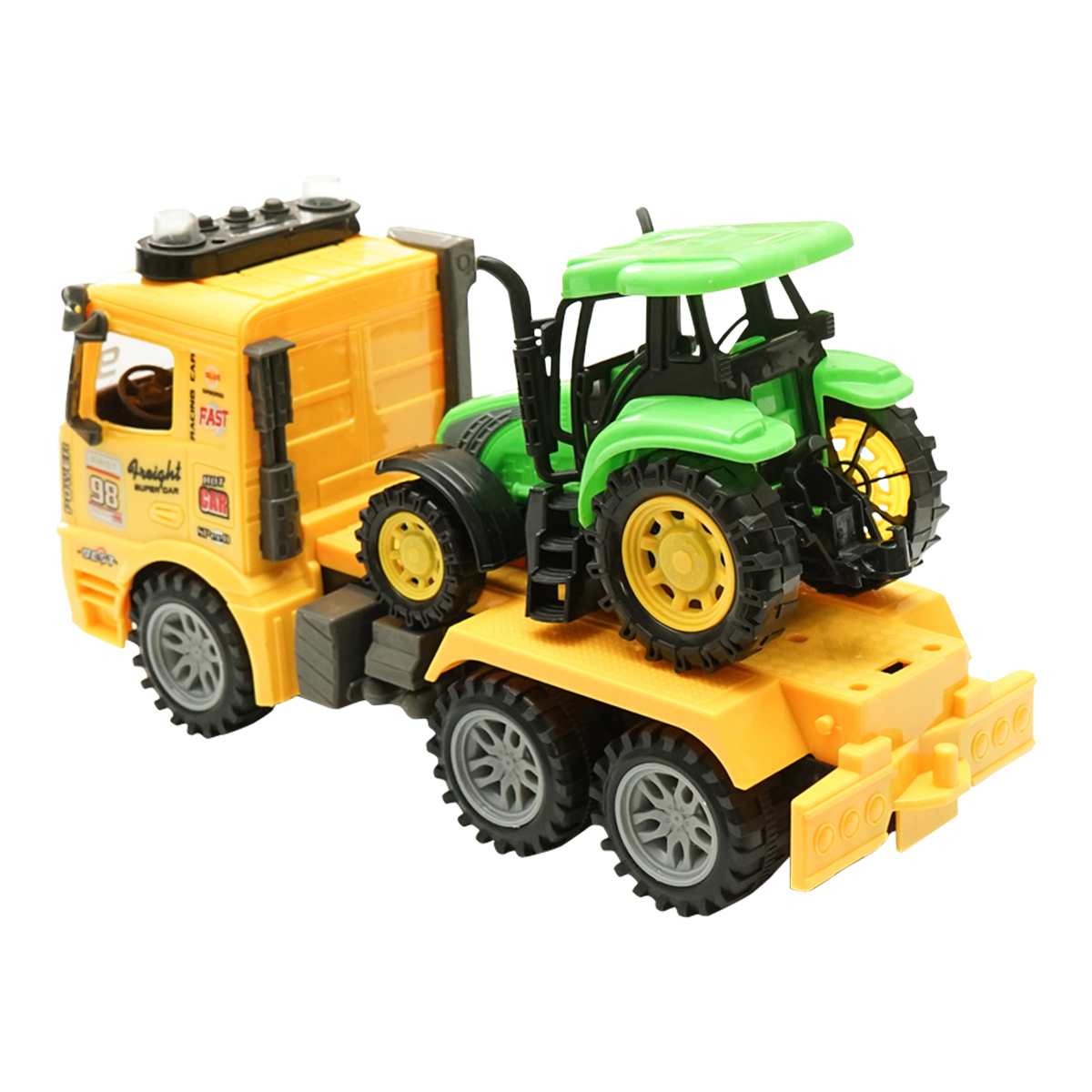 Camion galben cu detalii autentice de tip trailer pe baterii impreuna cu tractor verde de jucarie - imagine 6