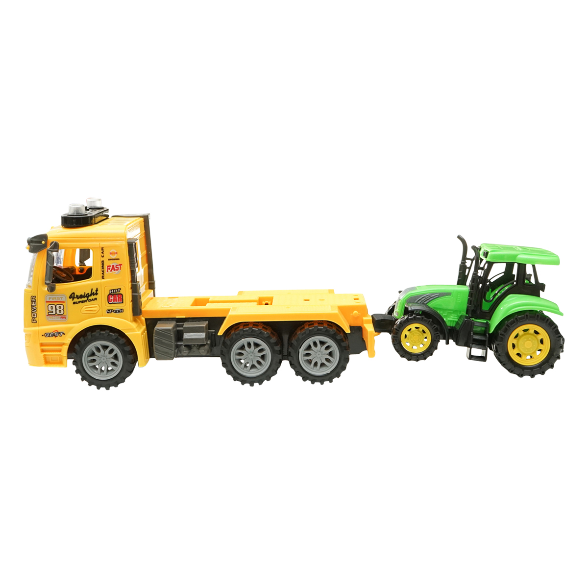 Camion galben cu detalii autentice de tip trailer pe baterii impreuna cu tractor verde de jucarie - imagine 11