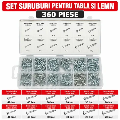 Trusa holsuruburi de lemn si tabla cu cap cruce 360 piese Breckner Germany - imagine 2