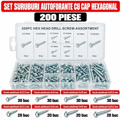 Trusa holsuruburi autoforante de tabla cu cap hexagonal 200 piese Breckner Germany - imagine 2