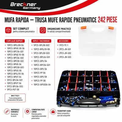 Trusa 242 piese: cleste taiat furtun polyamida, conectori, cuple rapide, mufe furtun aer comprimat Breckner Germany - imagine 3