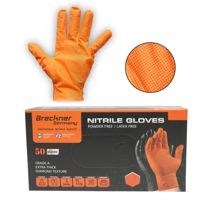 Manusi din nitril portocalii nepudrate cu textura diamond grip, marimea M 50 buc/cutie Breckner Germany