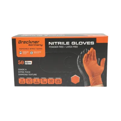Manusi din nitril portocalii nepudrate cu textura diamond grip, marimea M 50 buc/cutie Breckner Germany - imagine 2