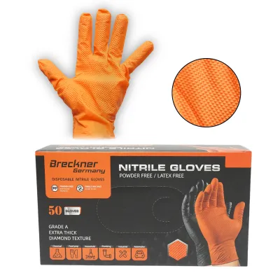 Manusi din nitril portocalii nepudrate cu textura diamond grip, marimea L 50 buc/cutie Breckner Germany