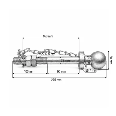 Nuca cui remorcare 50mm, filet M22x2.5mm, lungime 275mm cu lant si siguranta - imagine 2