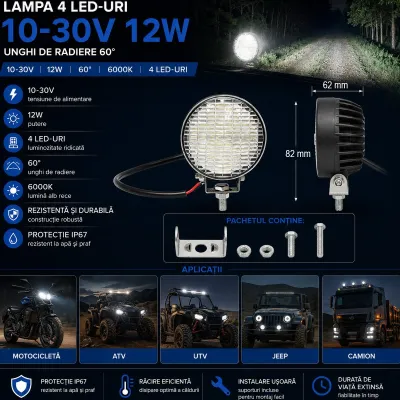 Lampa rotunda 4 LED-uri 10-30V 12W unghi de radiere 60 grade 82x62mm IP67 Breckner Germany - imagine 3