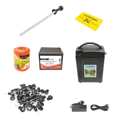 Kit complet gard electric 9/12V, 0,7 Joule, lungime fir 500m, 100 izolatori, manere poarta, placuta avertizare si baterie uscata (nereincarcabila) 9V/90Ah Breckner Germany