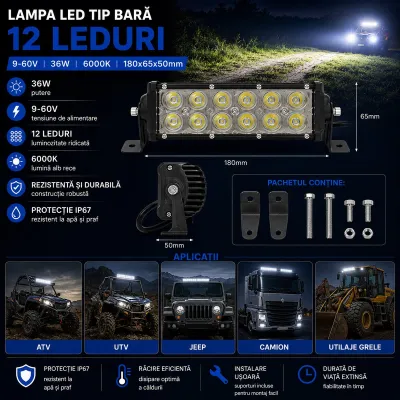Lampa LED tip bara 36W, 9-60V, 6000K, 12 LED-uri 180x65x50mm Breckner Germany - imagine 3
