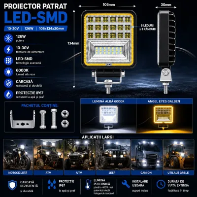 Proiector patrat LED cu DRL 126W, 10-30V, alb-galben, carcasa aluminiu 106x134x30mm Breckner Germany - imagine 3