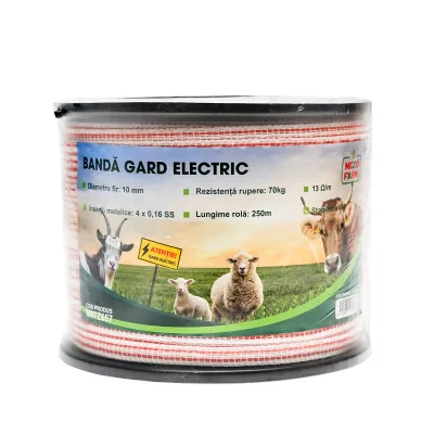 Rola banda rosu-alb 10mm insertie metalica 4x0.16mm SS, rezistenta 13 Ohm/m, 250m gard electric Mezofarm