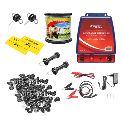 Kit complet gard electric 12/220V, 4.8 Joule lungime fir 1000m, 100 izolatori si placute avertizare Breckner Germany