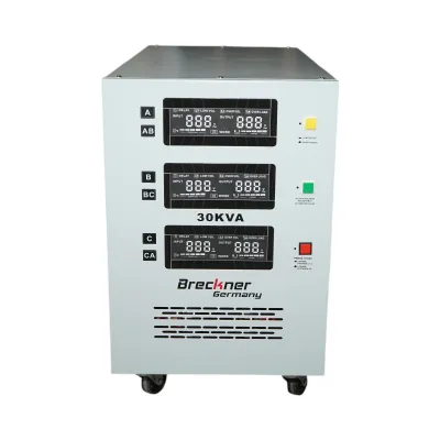 Stabilizator automat de tensiune 30KVA trifazat cu servomotor, bypass, afisaj LCD Breckner Germany
