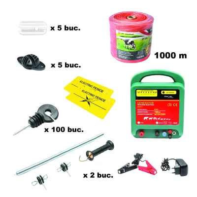 Kit complet gard electric 12/220V, 6.5 Joule, lungime fir 1000m, 100 izolatori, maner, poarta si 2 placute avertizare Breckner Germany