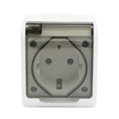 Priza simpla aplicata PT 16A, 250V contact de protectie si capac transparent IP44 Breckner Germany