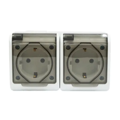 Priza dubla aplicata PT 16A, 250V contact de protectie si capac transparent IP44 Breckner Germany
