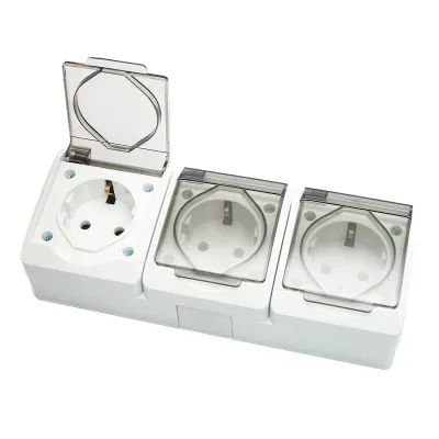 Priza tripla aplicata PT 16A, 250V contact de protectie si capac transparent IP44 Breckner Germany - imagine 3