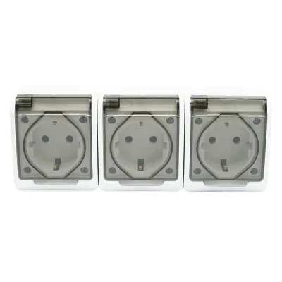 Priza tripla aplicata PT 16A, 250V contact de protectie si capac transparent IP44 Breckner Germany