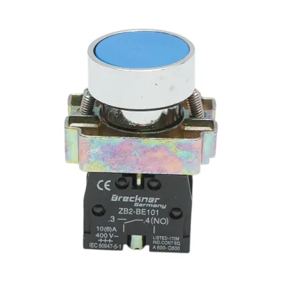Buton comanda metalic albastru cu revenire 1NO, 400V/10A, LAY5 Breckner Germany