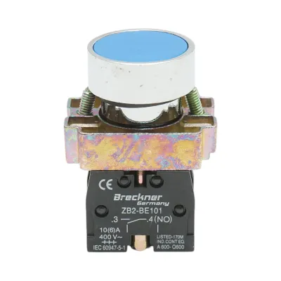 Buton comanda metalic albastru cu revenire 1NO+1NC, 400V/10A, LAY5 Breckner Germany