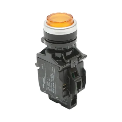 Buton comanda iluminat convex LED 220V AC galben cu revenire 1NO+1NC, 10A/600V AC, 1A/250V DC LA42 Breckner Germany