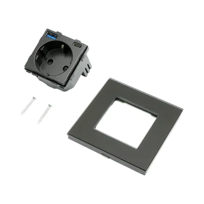 Priza schuko neagra 220V, 16A, 2xUSB A+C 20W incarcare rapida, rama sticla 86x86x34mm - imagine 5