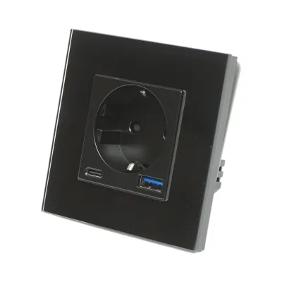 Priza schuko neagra 220V, 16A, 2xUSB A+C 20W incarcare rapida, rama sticla 86x86x34mm