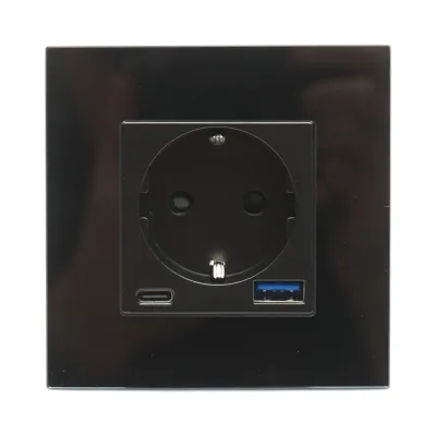 Priza schuko neagra 220V, 16A, 2xUSB A+C 20W incarcare rapida, rama sticla 86x86x34mm - imagine 2