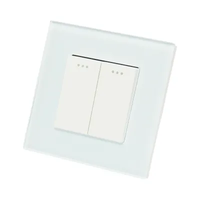 Intrerupator dublu cap scara alb incastrat 220V, 16AX, indicator luminos, rama sticla 86x86x34mm