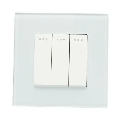Intrerupator triplu cap scara alb incastrat 220V, 16AX, indicator luminos, rama sticla 86x86x34mm - imagine 2