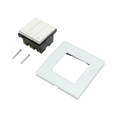 Intrerupator triplu cap scara alb incastrat 220V, 16AX, indicator luminos, rama sticla 86x86x34mm - imagine 5