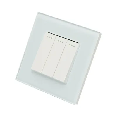 Intrerupator triplu cap scara alb incastrat 220V, 16AX, indicator luminos, rama sticla 86x86x34mm