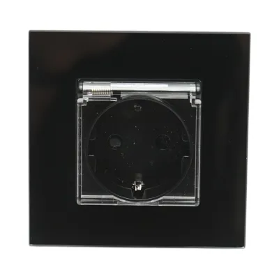 Priza schuko neagra 220V, 16A, capac transparent, rama sticla 86x86x34mm - imagine 2