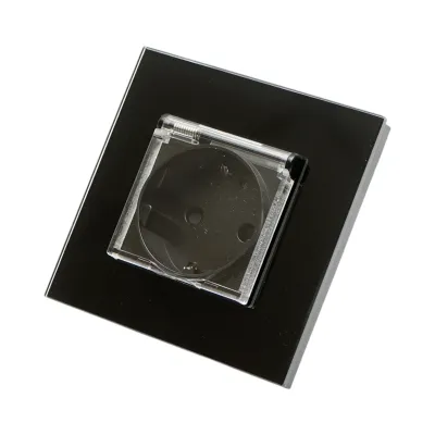 Priza schuko neagra 220V, 16A, capac transparent, rama sticla 86x86x34mm