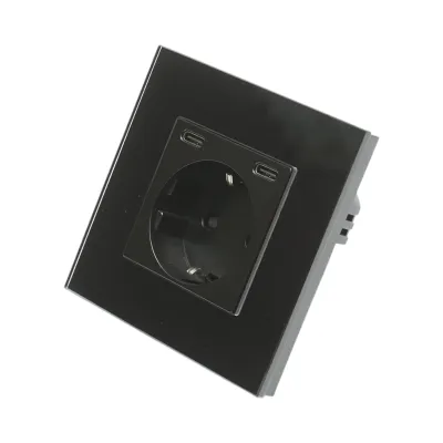 Priza schuko neagra 220V, 16A, 2xUSB-C 20W incarcare rapida, rama sticla 86x86x34mm