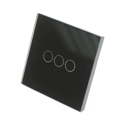 Intrerupator touch triplu cap scara negru 220V, indicator luminos, rama sticla 86x86x34mm