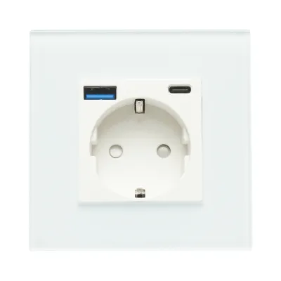 Priza schuko alba incastrata 220V, 16A, 2xUSB A+C 20W incarcare rapida, rama sticla 86x86x34mm - imagine 2