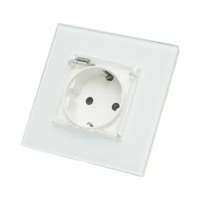 Priza schuko alba incastrata 220V, 16A, capac transparent, rama sticla 86x86x34mm