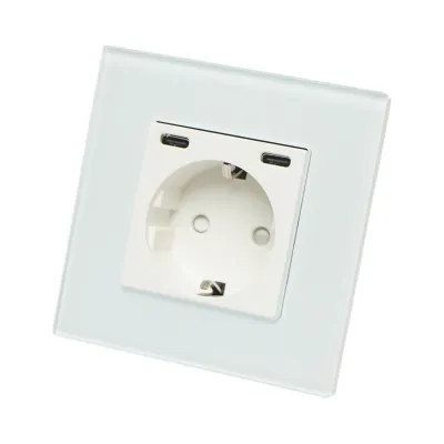 Priza schuko alba incastrata 220V, 16A, 2xUSB-C 20W incarcare rapida, rama sticla 86x86x34mm