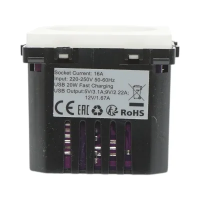 Priza schuko alba incastrata 220V, 16A, 2xUSB-C 20W incarcare rapida, rama sticla 86x86x34mm - imagine 6