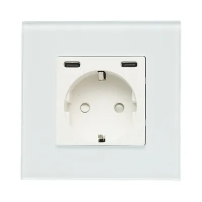 Priza schuko alba incastrata 220V, 16A, 2xUSB-C 20W incarcare rapida, rama sticla 86x86x34mm - imagine 2