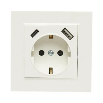 Priza schuko alba incastrata 220V, 16A, 2xUSB A+C 5V 2.1A, ABS 80x80mm - imagine 2