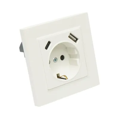 Priza schuko alba incastrata 220V, 16A, 2xUSB A+C 5V 2.1A, ABS 80x80mm - imagine 4