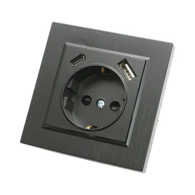 Priza schuko neagra incastrata 220V, 16A, 2xUSB A+C 5V 2.1A, ABS 80x80mm