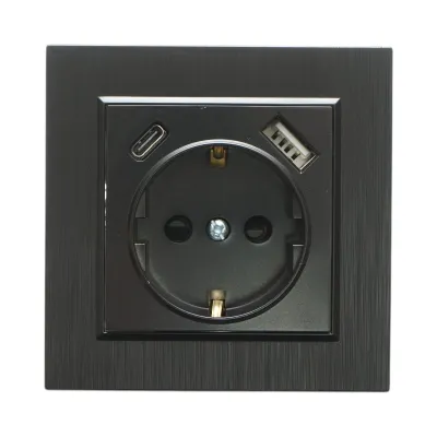 Priza schuko neagra incastrata 220V, 16A, 2xUSB A+C 5V 2.1A, ABS 80x80mm - imagine 2