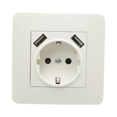 Priza schuko alba incastrata 220V, 16A, 2xUSB 5V 2.1A, PC 80x80mm - imagine 2