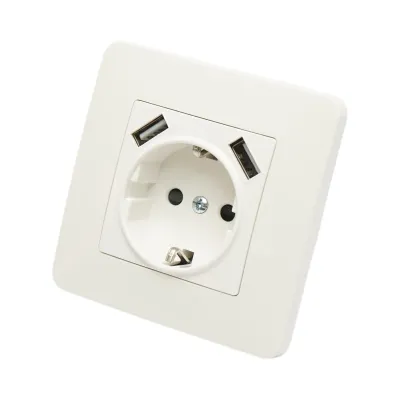 Priza schuko alba incastrata 220V, 16A, 2xUSB 5V 2.1A, PC 80x80mm