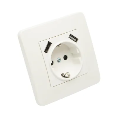 Priza schuko alba incastrata 220V, 16A, 2xUSB 5V 2.1A, PC 80x80mm - imagine 4